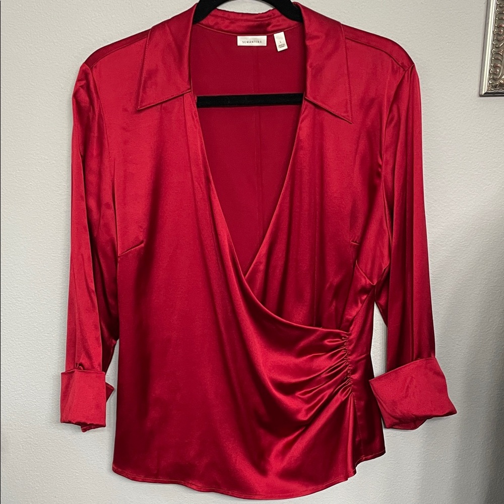 Semantiks Cranberry Red Silk Faux Wrap Blouse L